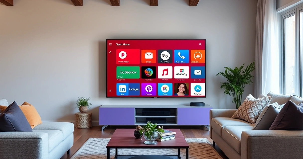 tela inicial de smart tv exibindo blocos coloridos de aplicativos